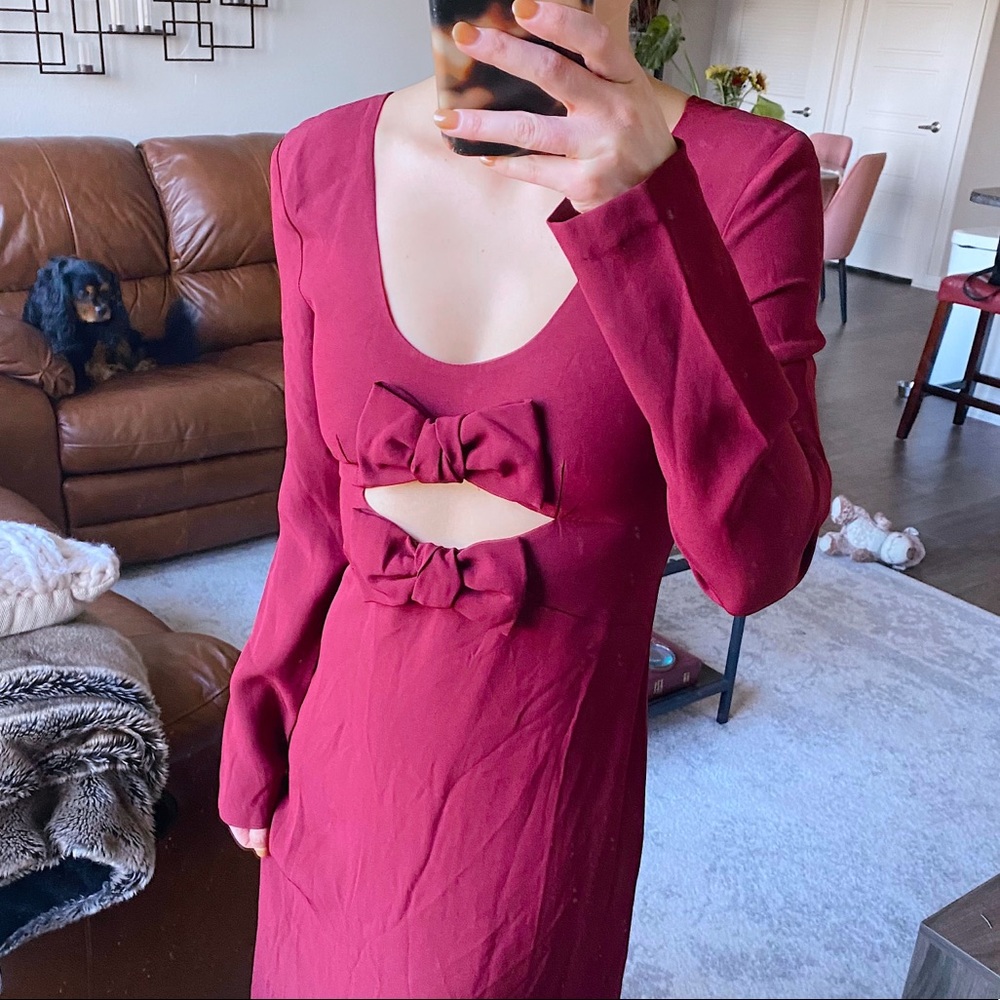 NWT STAUD Women's Lido Maxi Dress Red Garnet Bow Cutout long sleeve Dress 2 - Picture 6 of 8